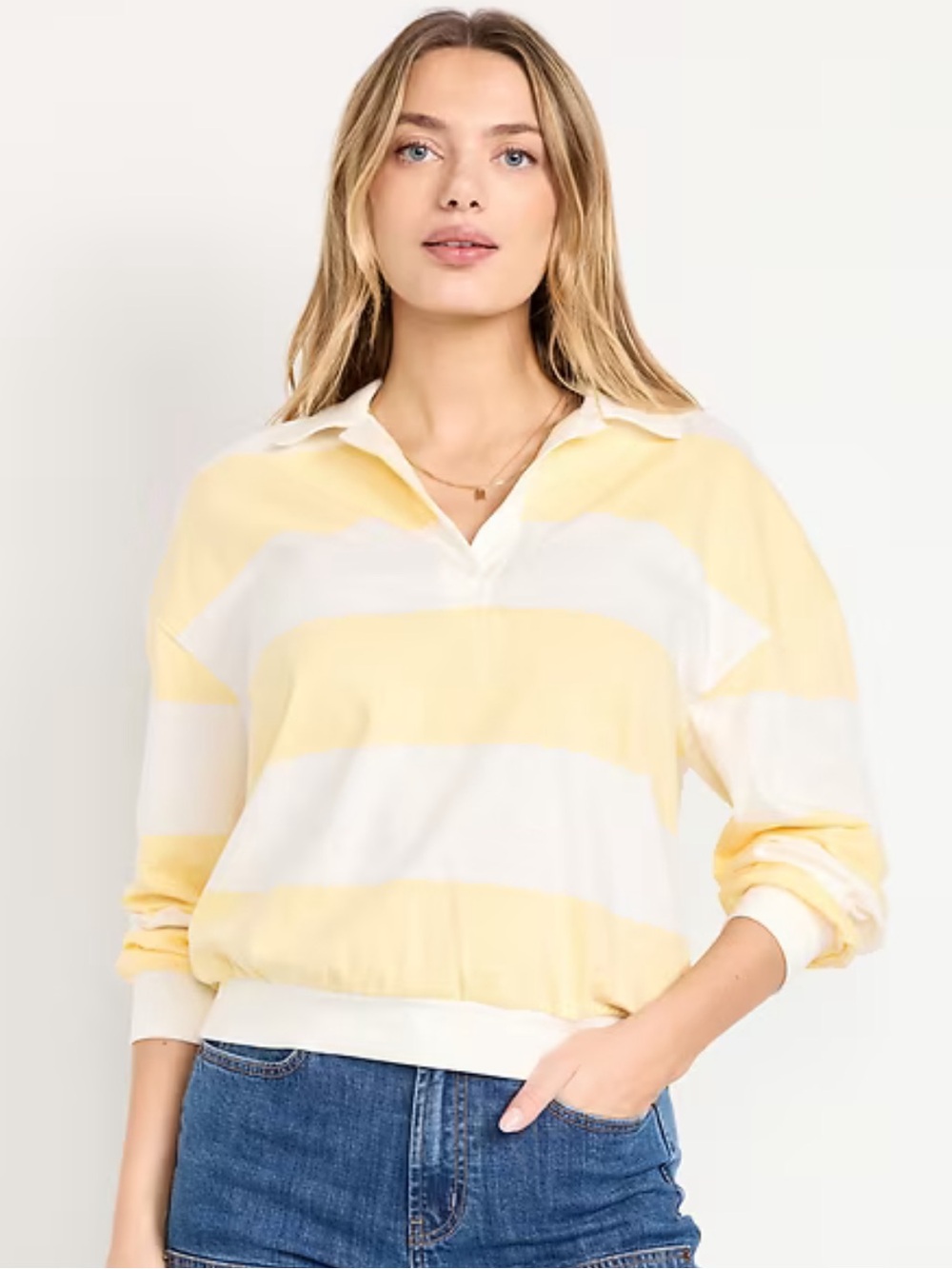 Old Navy size Large Yellow and White striped Rugby cropped shirt